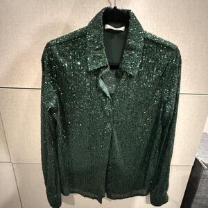 Green Sparkle Sequins Button Shirt